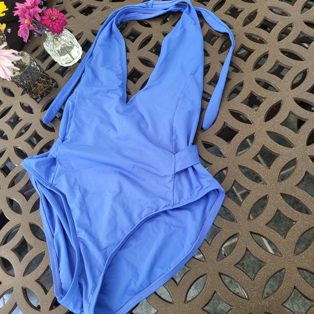 Blue deep scoop one piece swimsuit